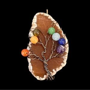 Tree of Life Stone Pendant with Colorful Beads Natural Agate Stone